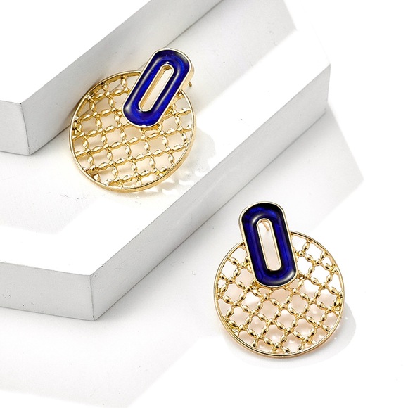 2/$20!  Gold Lattice Stud Earrings w/Blue Enamel - Picture 3 of 8